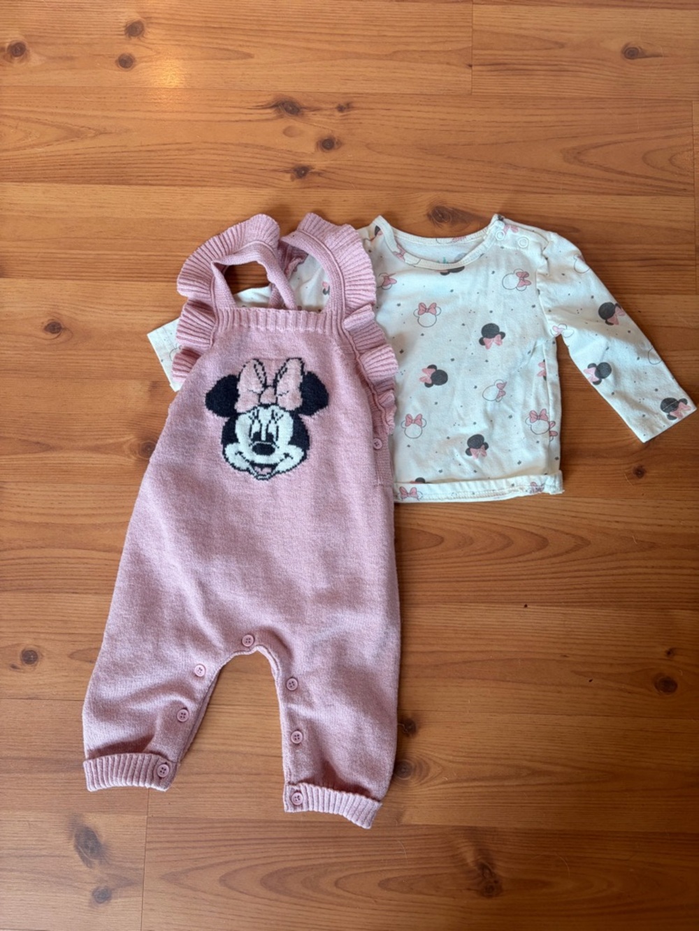 Disney Baby Pink Minnie Mouse Knit Romper and White Minnie Print Top